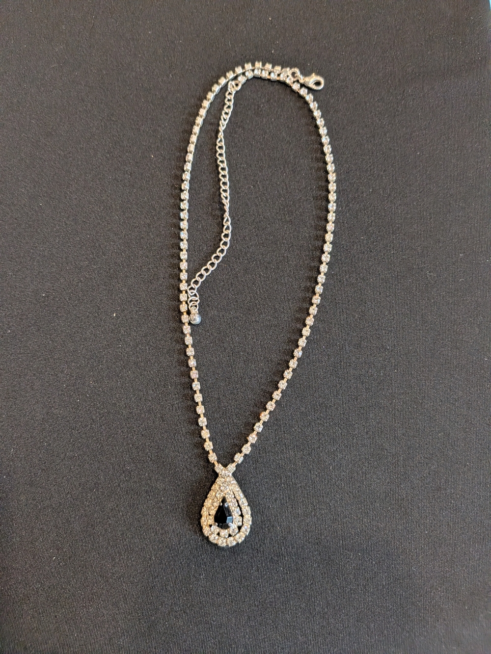 Crystal Teardrop Pendant Necklace 9.5" - Silver Tone Dark Blue Accent